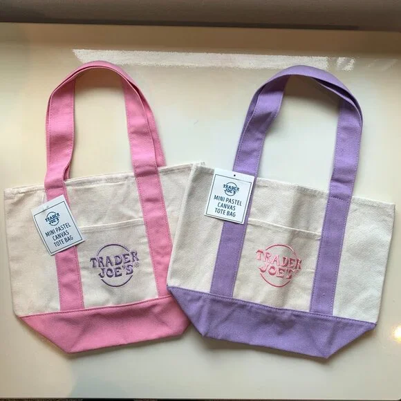 New Trader Joe's Mini Canvas Tote Bags Pink and Purple - Picture 1 of 3